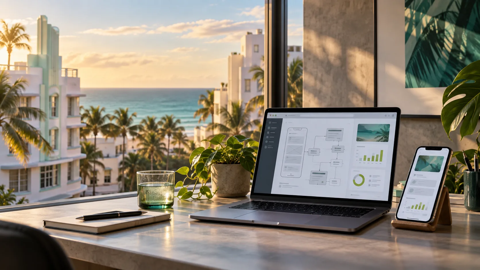 A South Beach workspace with a laptop showing a product workflow and a phone displaying a business dashboard